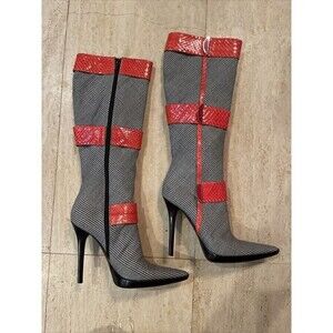 Casadei Knee High Stiletto boots Plaid Fabric with Red Textured Leather Trim 6.5